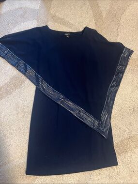 SLNY Navy Asymmetric Mesh-Trim Dress